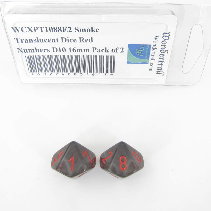 WCXPT1088E2 Smoke Translucent Dice Red Numbers D10 16mm Pack of 2 Main Image
