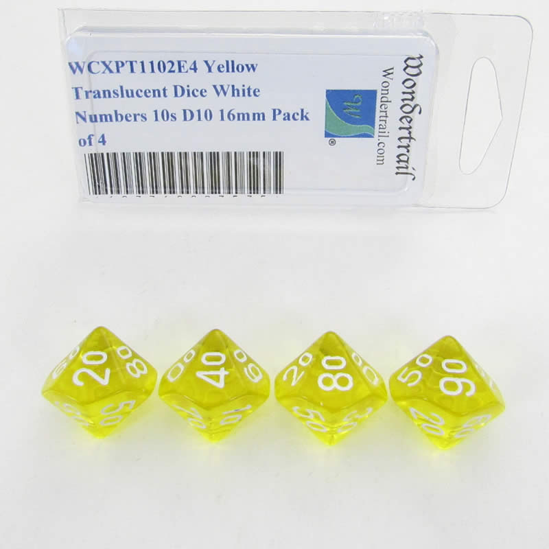 WCXPT1102E4 Yellow Translucent Dice White Numbers 10s D10 16mm Pack of 4 Main Image