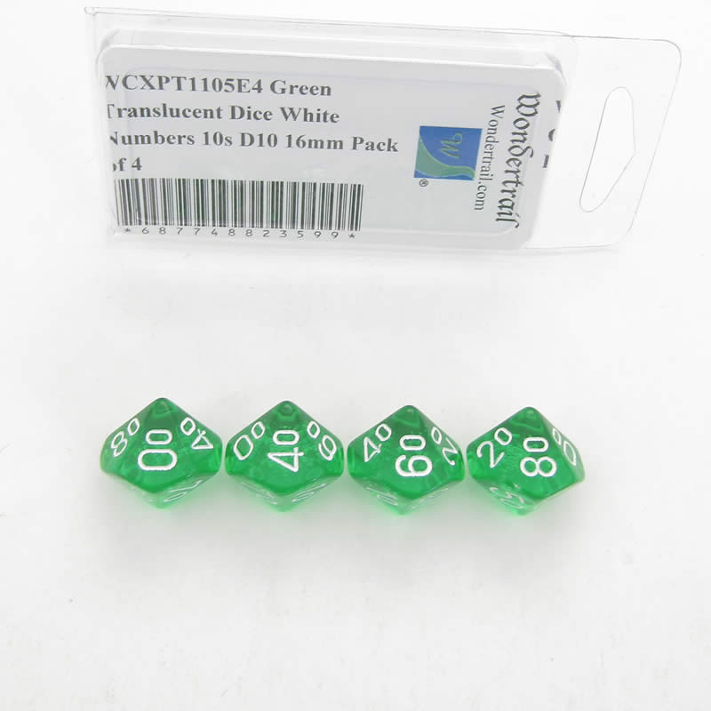 WCXPT1105E4 Green Translucent Dice White Numbers 10s D10 16mm Pack of 4 Main Image