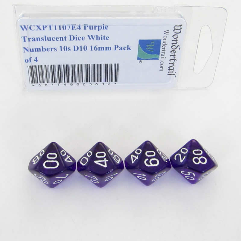 WCXPT1107E4 Purple Translucent Dice White Numbers 10s D10 16mm Pack of 4 Main Image