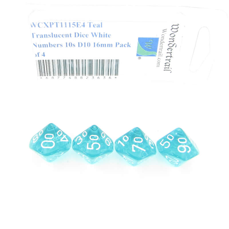 WCXPT1115E4 Teal Translucent Dice White Numbers 10s D10 16mm Pack of 4 Main Image