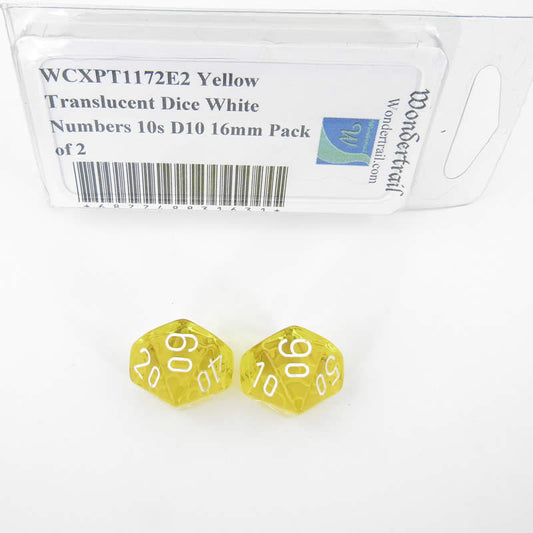 WCXPT1172E2 Yellow Translucent Dice White Numbers 10s D10 16mm Pack of 2 Main Image