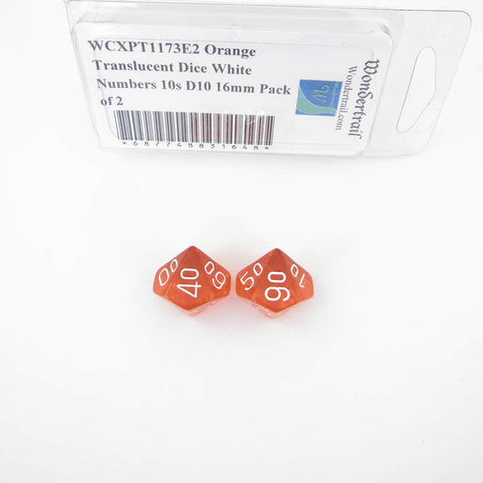 WCXPT1173E2 Orange Translucent Dice White Numbers 10s D10 16mm Pack of 2 Main Image