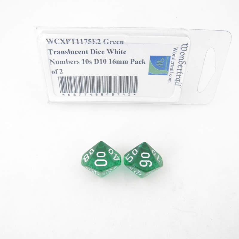 WCXPT1175E2 Green Translucent Dice White Numbers 10s D10 16mm Pack of 2 Main Image