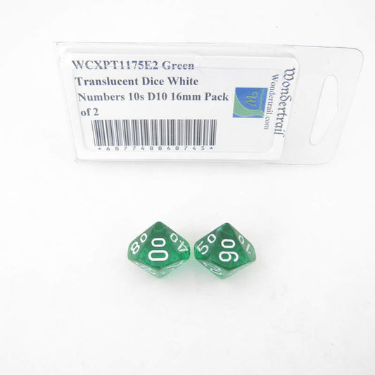 WCXPT1175E2 Green Translucent Dice White Numbers 10s D10 16mm Pack of 2 Main Image