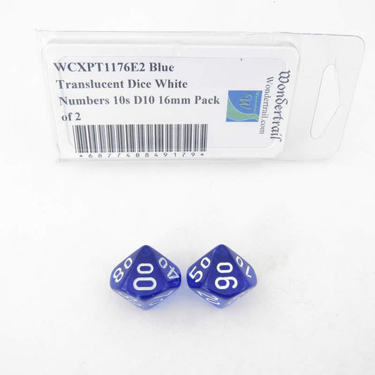 WCXPT1176E2 Blue Translucent Dice White Numbers 10s D10 16mm Pack of 2 Main Image