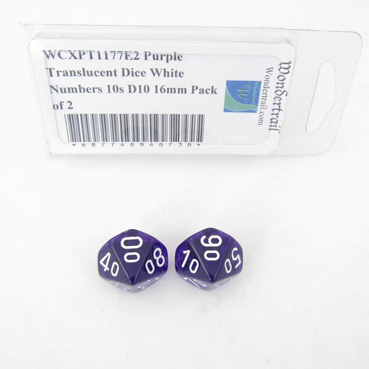 WCXPT1177E2 Purple Translucent Dice White Numbers 10s D10 16mm Pack of 2 Main Image