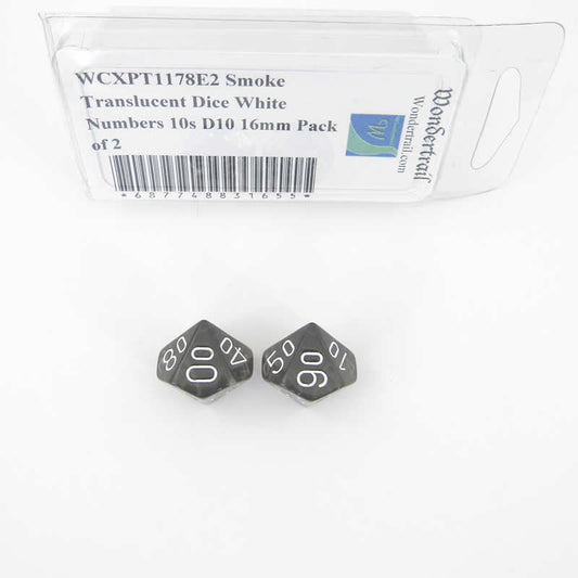 WCXPT1178E2 Smoke Translucent Dice White Numbers 10s D10 16mm Pack of 2 Main Image
