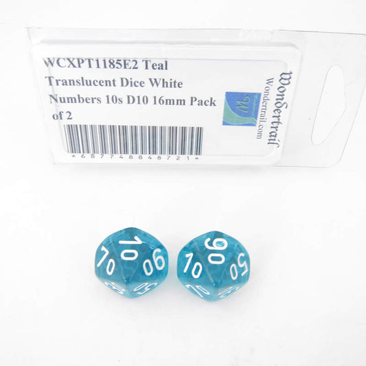 WCXPT1185E2 Teal Translucent Dice White Numbers 10s D10 16mm Pack of 2 Main Image