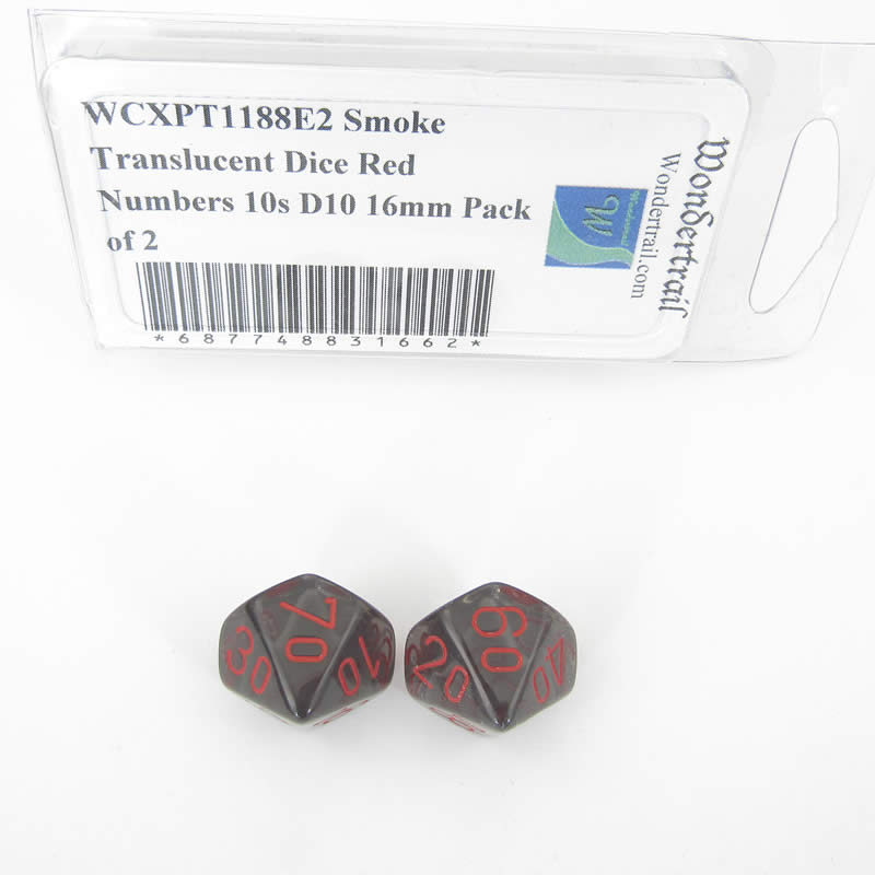 WCXPT1188E2 Smoke Translucent Dice Red Numbers 10s D10 16mm Pack of 2 Main Image