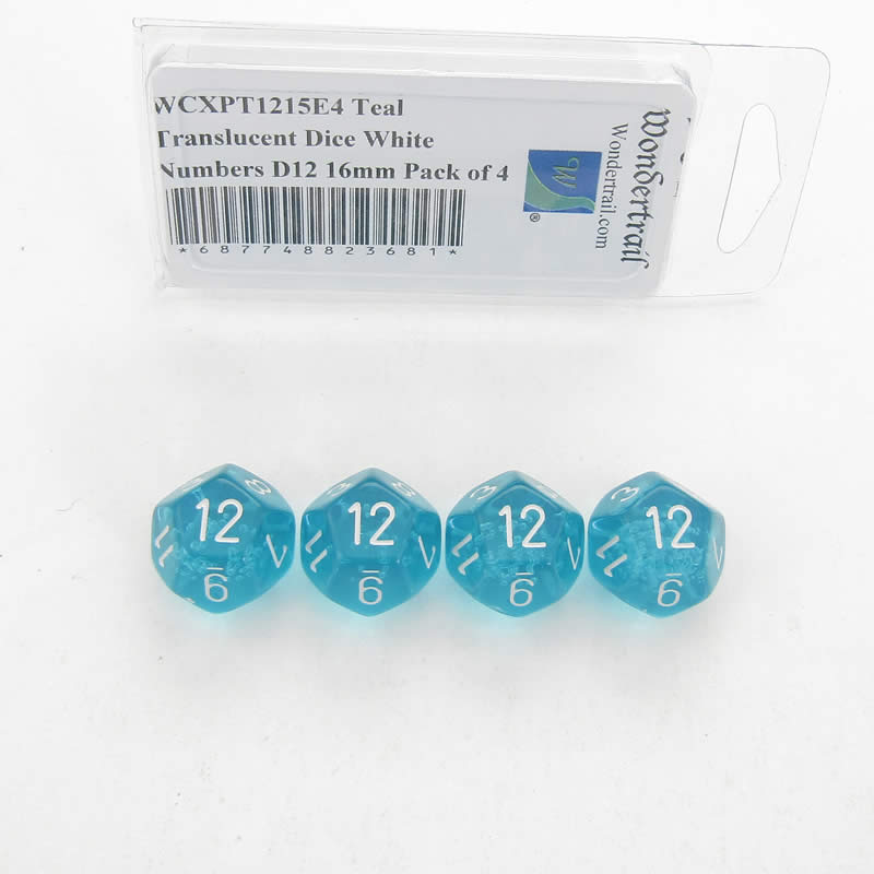 WCXPT1215E4 Teal Translucent Dice White Numbers D12 16mm Pack of 4 Main Image