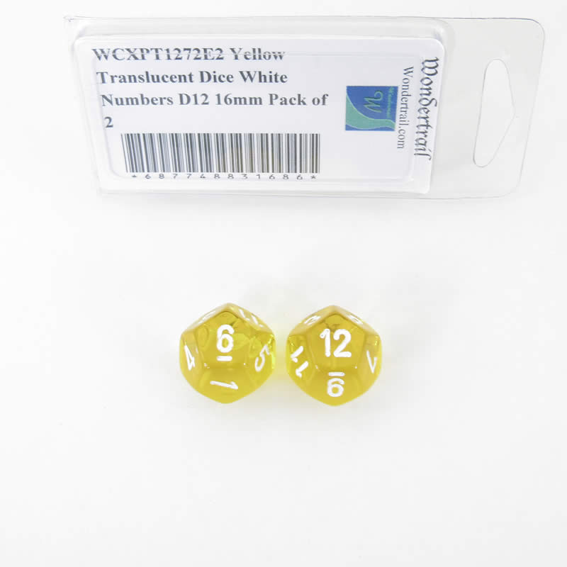 WCXPT1272E2 Yellow Translucent Dice White Numbers D12 16mm Pack of 2 Main Image
