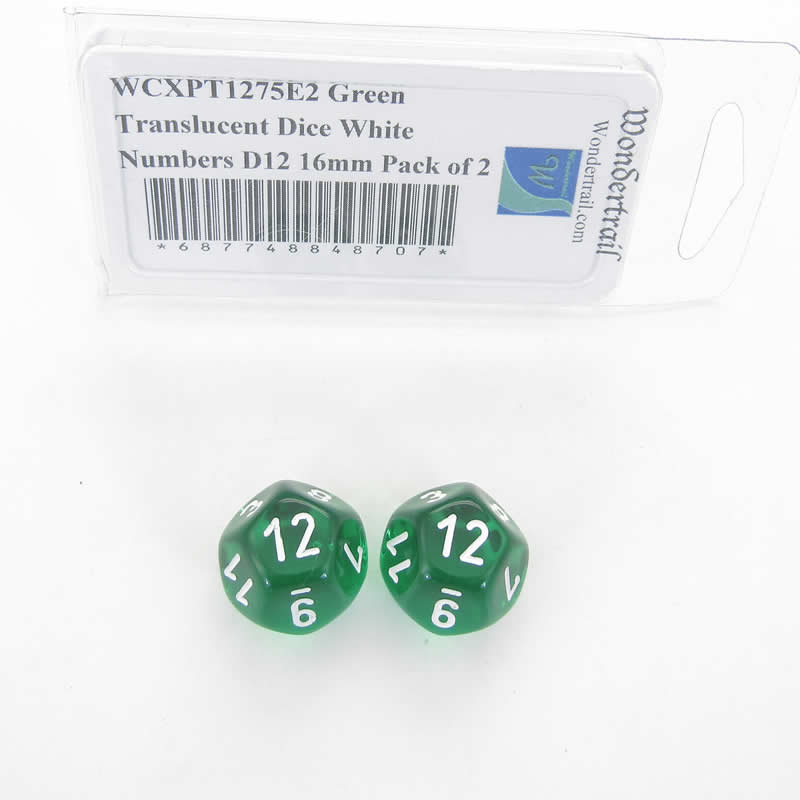 WCXPT1275E2 Green Translucent Dice White Numbers D12 16mm Pack of 2 Main Image
