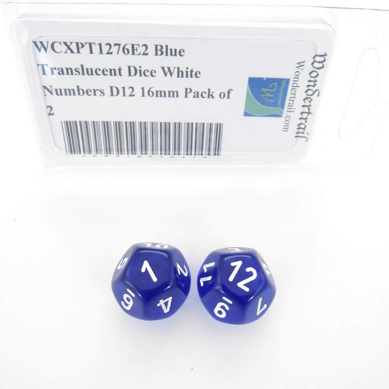 WCXPT1276E2 Blue Translucent Dice White Numbers D12 16mm Pack of 2 Main Image