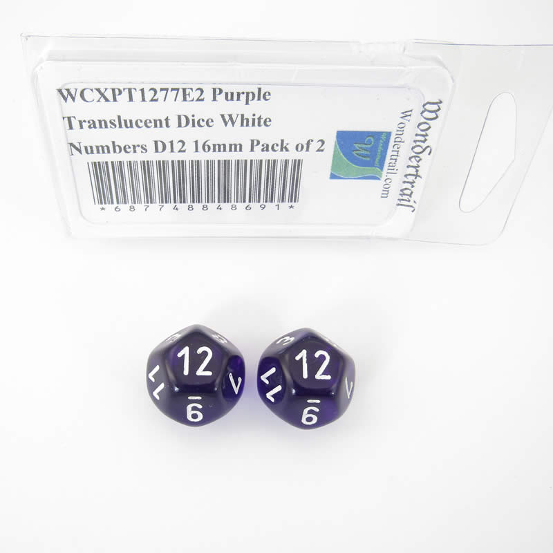 WCXPT1277E2 Purple Translucent Dice White Numbers D12 16mm Pack of 2 Main Image