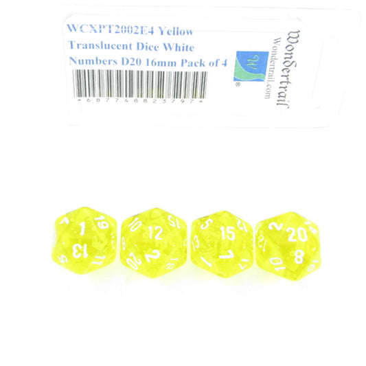 WCXPT2002E4 Yellow Translucent Dice White Numbers D20 16mm Pack of 4 Main Image