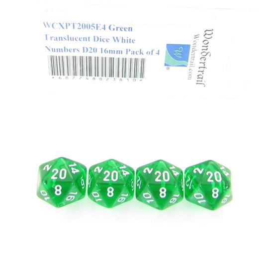 WCXPT2005E4 Green Translucent Dice White Numbers D20 16mm Pack of 4 Main Image