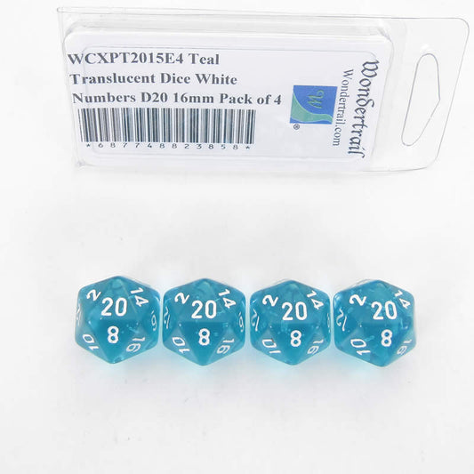 WCXPT2015E4 Teal Translucent Dice White Numbers D20 16mm Pack of 4 Main Image