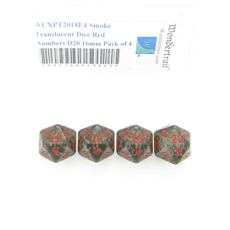 WCXPT2018E4 Smoke Translucent Dice Red Numbers D20 16mm Pack of 4 Main Image