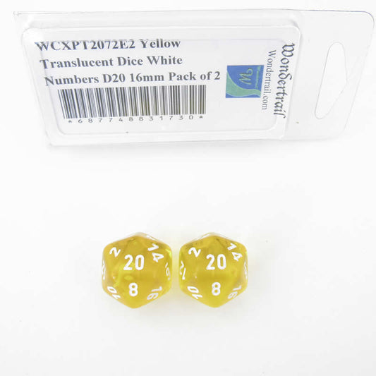 WCXPT2072E2 Yellow Translucent Dice White Numbers D20 16mm Pack of 2 Main Image