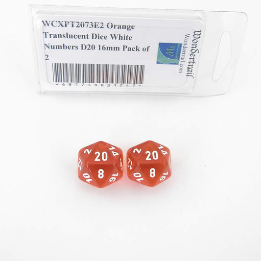WCXPT2073E2 Orange Translucent Dice White Numbers D20 16mm Pack of 2 Main Image