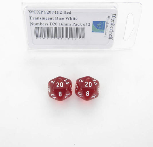 WCXPT2074E2 Red Translucent Dice White Numbers D20 16mm Pack of 2 Main Image