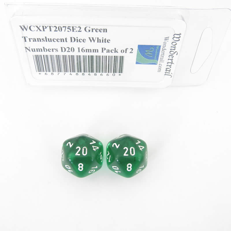 WCXPT2075E2 Green Translucent Dice White Numbers D20 16mm Pack of 2 Main Image
