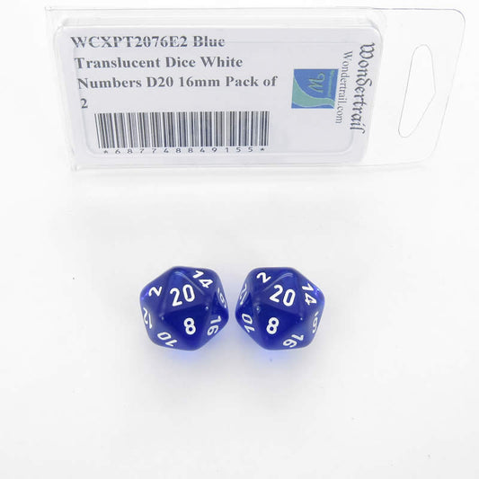WCXPT2076E2 Blue Translucent Dice White Numbers D20 16mm Pack of 2 Main Image