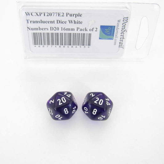 WCXPT2077E2 Purple Translucent Dice White Numbers D20 16mm Pack of 2 Main Image