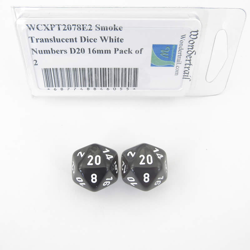 WCXPT2078E2 Smoke Translucent Dice White Numbers D20 16mm Pack of 2 Main Image