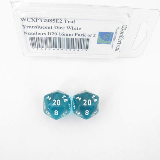 WCXPT2085E2 Teal Translucent Dice White Numbers D20 16mm Pack of 2 Main Image