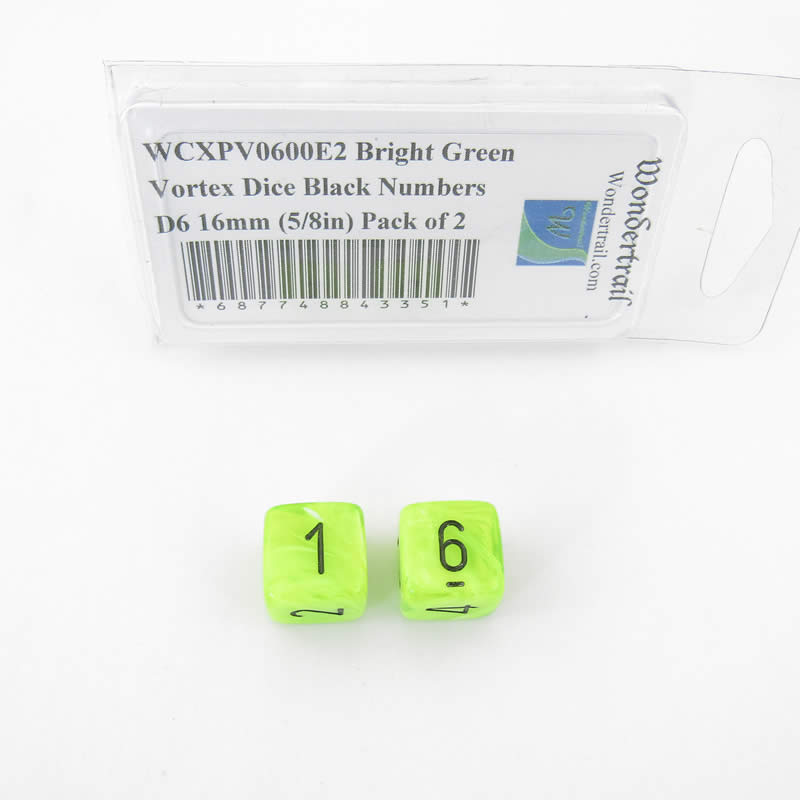 WCXPV0600E2 Bright Green Vortex Dice Black Numbers D6 16mm (5/8in) Pack of 2 Main Image