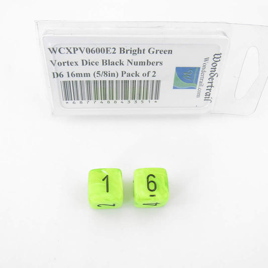 WCXPV0600E2 Bright Green Vortex Dice Black Numbers D6 16mm (5/8in) Pack of 2 Main Image