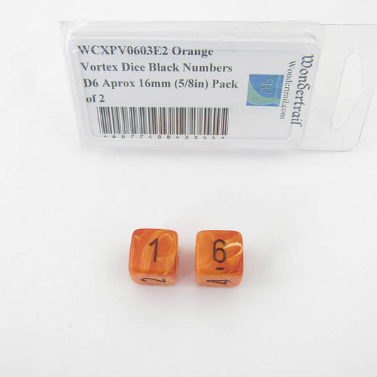 WCXPV0603E2 Orange Vortex Dice Black Numbers D6 Aprox 16mm (5/8in) Pack of 2 Main Image