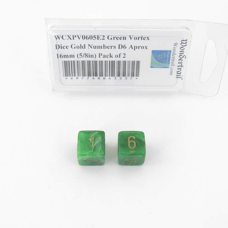 WCXPV0605E2 Green Vortex Dice Gold Numbers D6 Aprox 16mm (5/8in) Pack of 2 Main Image