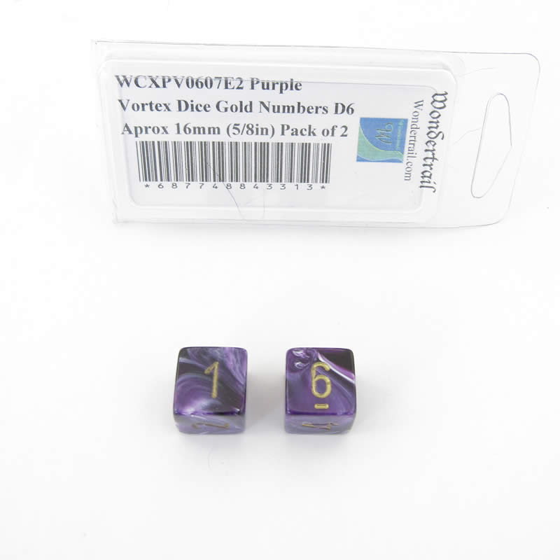 WCXPV0607E2 Purple Vortex Dice Gold Numbers D6 Aprox 16mm (5/8in) Pack of 2 Main Image