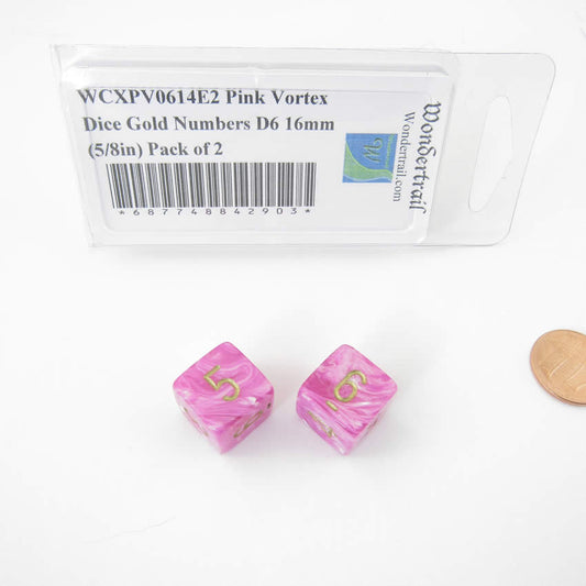 WCXPV0614E2 Pink Vortex Dice Gold Numbers D6 16mm (5/8in) Pack of 2 Main Image