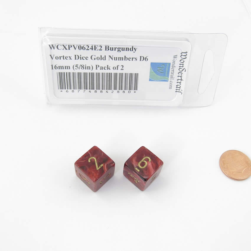 WCXPV0624E2 Burgundy Vortex Dice Gold Numbers D6 16mm (5/8in) Pack of 2 Main Image