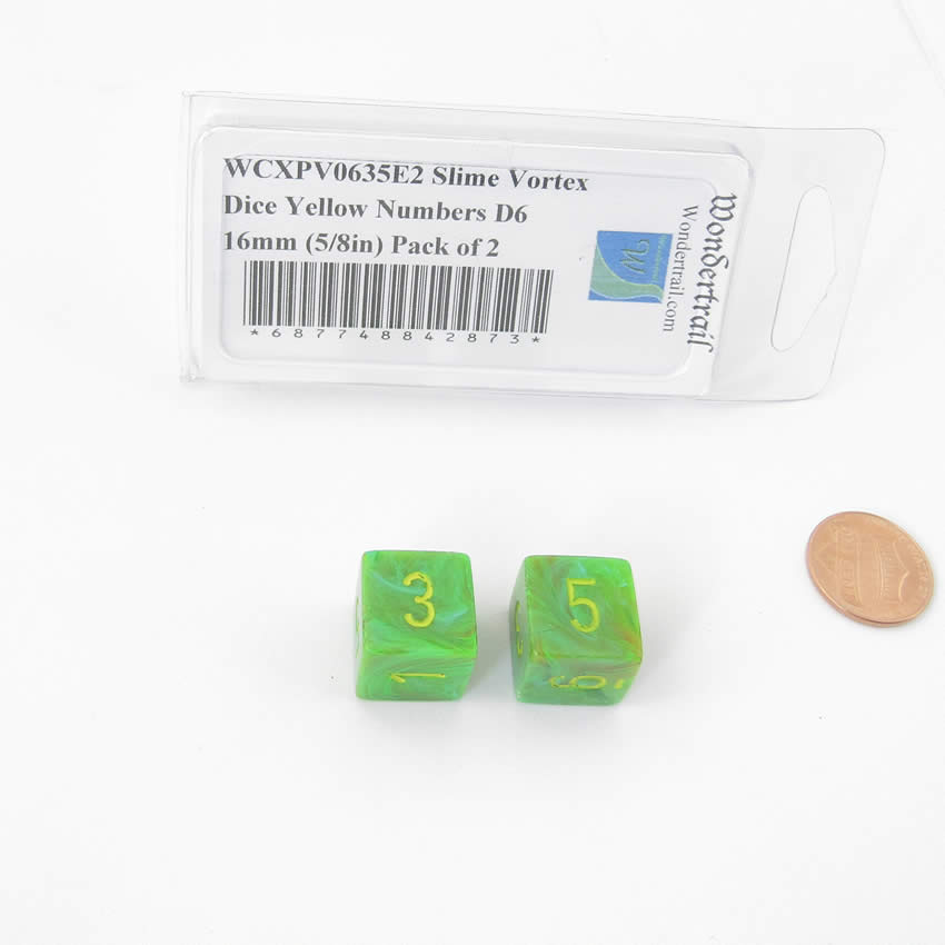 WCXPV0635E2 Slime Vortex Dice Yellow Numbers D6 16mm (5/8in) Pack of 2 Main Image