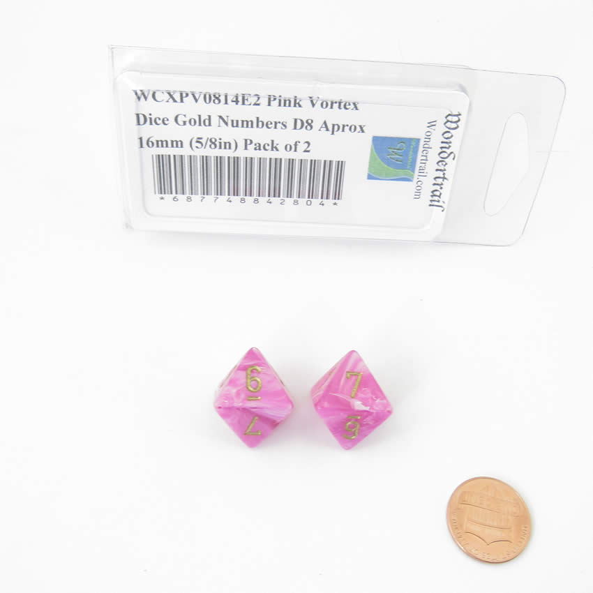 WCXPV0814E2 Pink Vortex Dice Gold Numbers D8 Aprox 16mm (5/8in) Pack of 2 Main Image