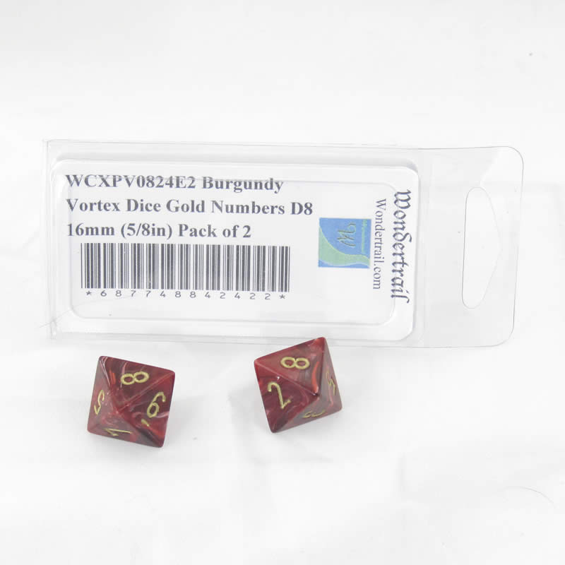 WCXPV0824E2 Burgundy Vortex Dice Gold Numbers D8 16mm (5/8in) Pack of 2 Main Image