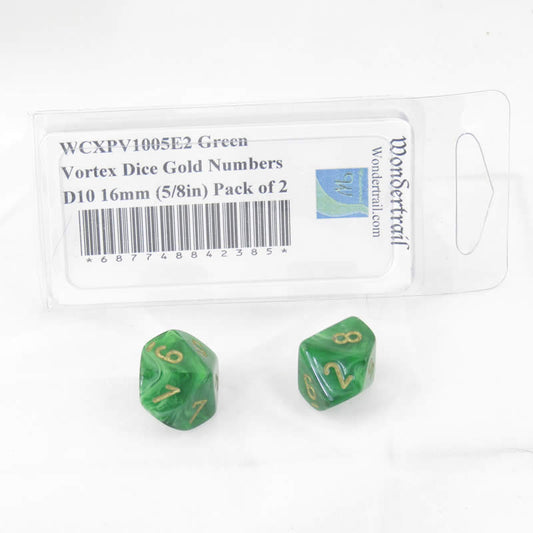 WCXPV1005E2 Green Vortex Dice Gold Numbers D10 16mm (5/8in) Pack of 2 Main Image