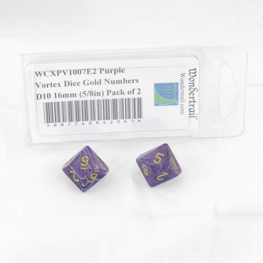 WCXPV1007E2 Purple Vortex Dice Gold Numbers D10 16mm (5/8in) Pack of 2 Main Image