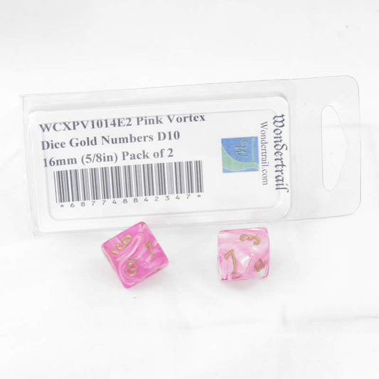 WCXPV1014E2 Pink Vortex Dice Gold Numbers D10 16mm (5/8in) Pack of 2 Main Image