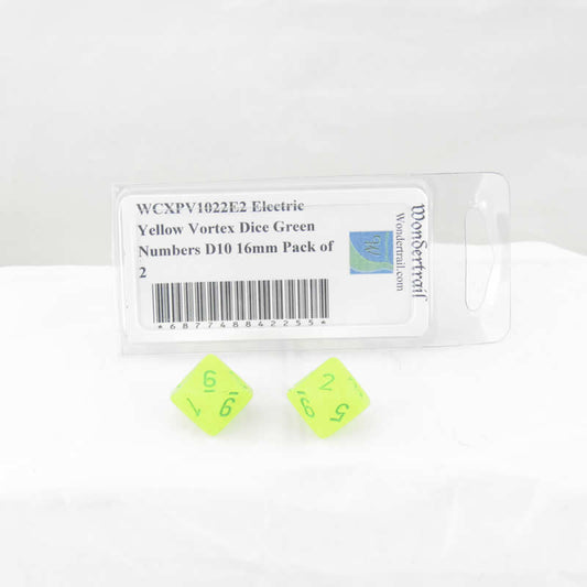WCXPV1022E2 Electric Yellow Vortex Dice Green Numbers D10 16mm Pack of 2 Main Image