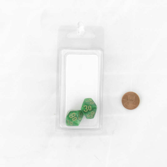 WCXPV1105E2 Green Vortex Dice Gold Numbers 10s D10 16mm Pack of 2 Main Image