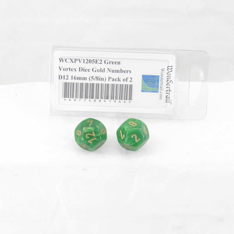 WCXPV1205E2 Green Vortex Dice Gold Numbers D12 16mm (5/8in) Pack of 2 Main Image