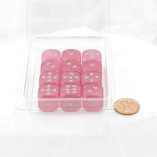 WCXXH6001E12 Pink Borealis Luminary Dice with Silver Hearts D6 16mm (5/8in) Pack of 12 Main Image