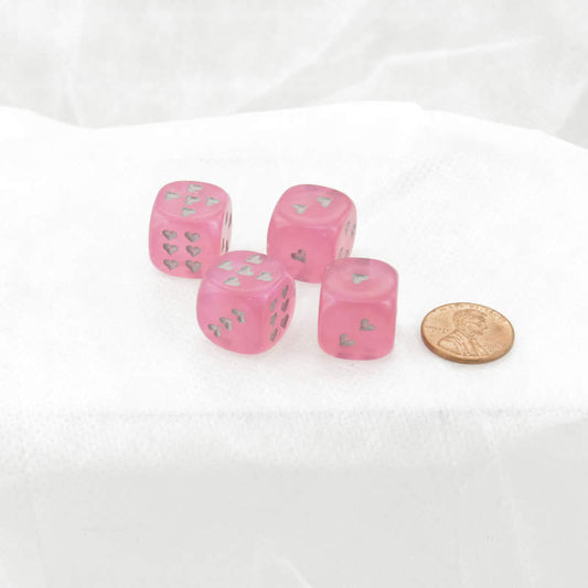 WCXXH6001E4 Pink Borealis Luminary Dice with Silver Hearts D6 16mm (5/8in) Pack of 4 Main Image