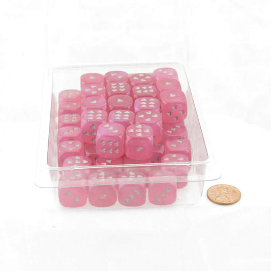 WCXXH6001E50 Pink Borealis Luminary Dice with Silver Hearts D6 16mm (5/8in) Pack of 50 Main Image